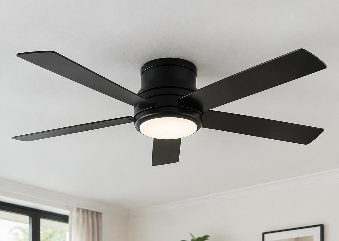 Modern ceiling fan with integrated LED light on a clean ceiling