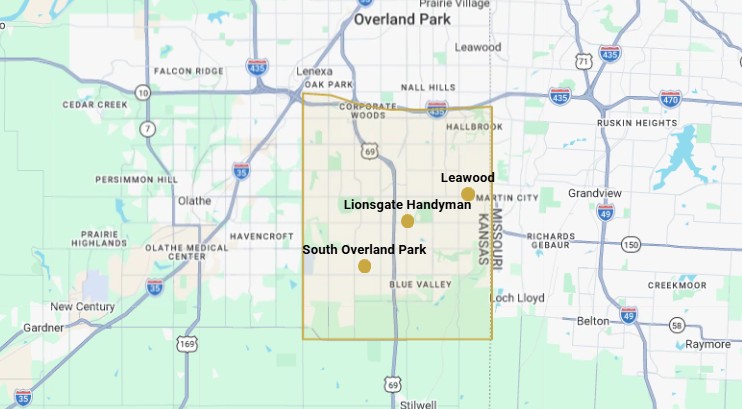 Map of the Lionsgate Handyman service area covering South Overland Park and Leawood, bounded by I-435 to the north, 179th Street to the south, Pflumm Road to the west, and State Line Road to the east